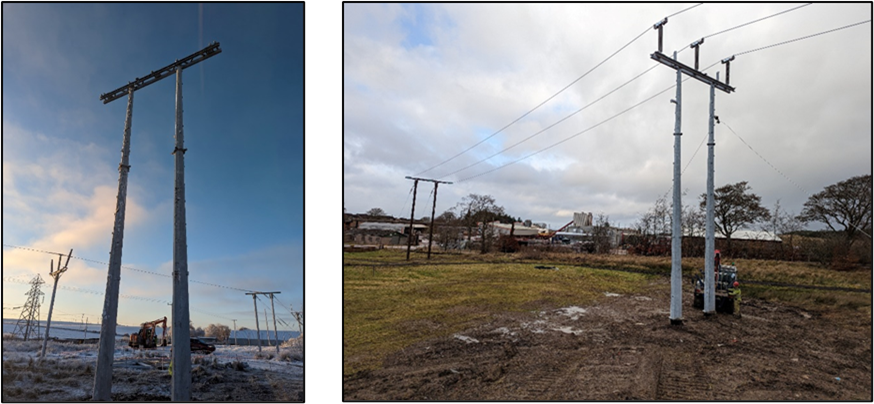 A split image showing two views of Steel Trident Poles.