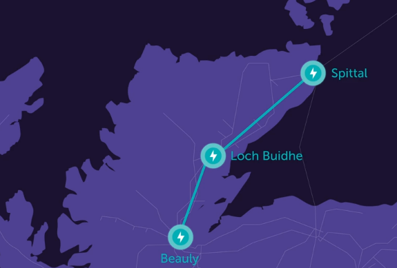 A map showing a line between Beauly, Loch Buidhe and Spittal.