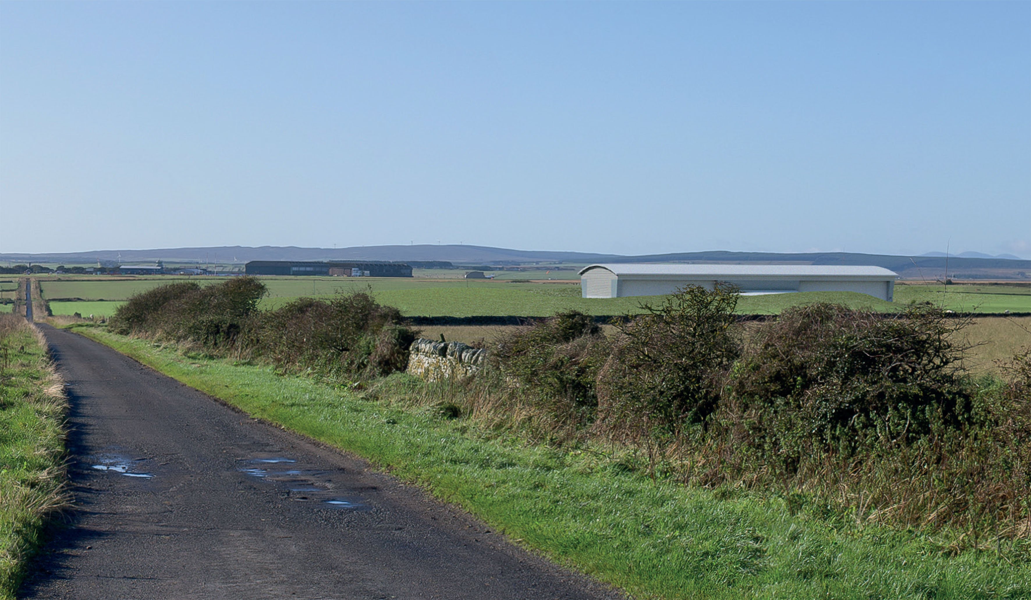 A rural road, in the background a white building with a rounded roof is visible over a low rise.
