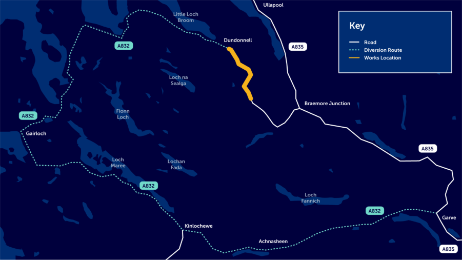 A832 Temporary Closure The affected areas of the A832 temporary closure.