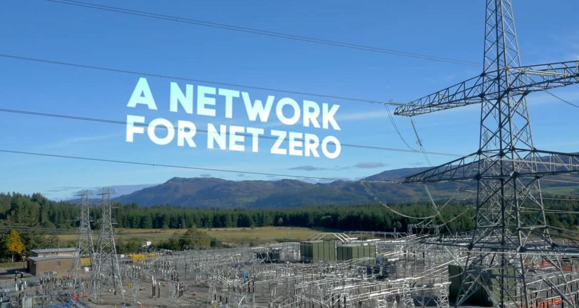 An electrical substation with text superimposed over reading 'A Network for Net Zero'