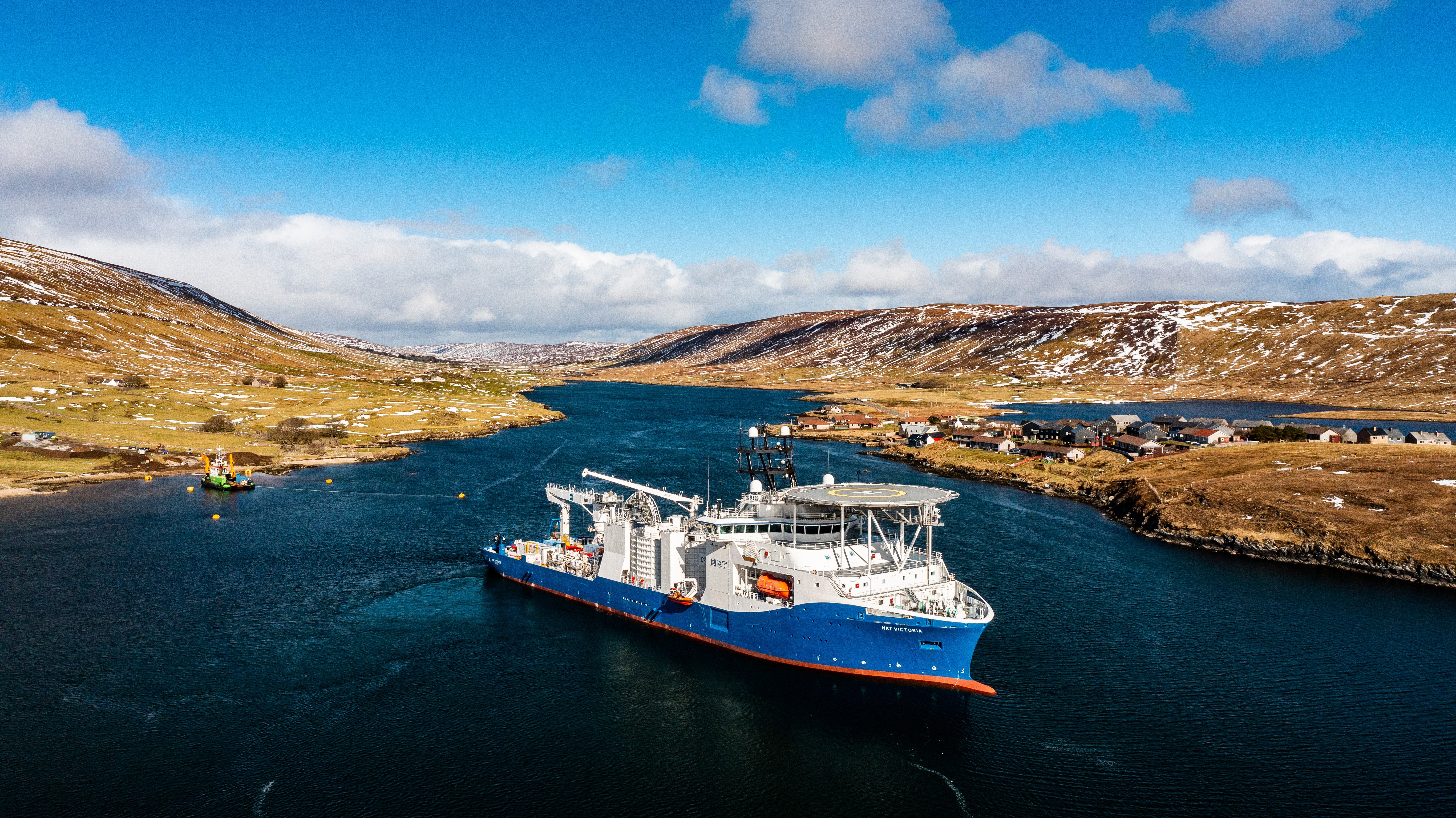 Image shows a cable pulling vessle for SSEN Transmission's HVDC cable pulling preparations