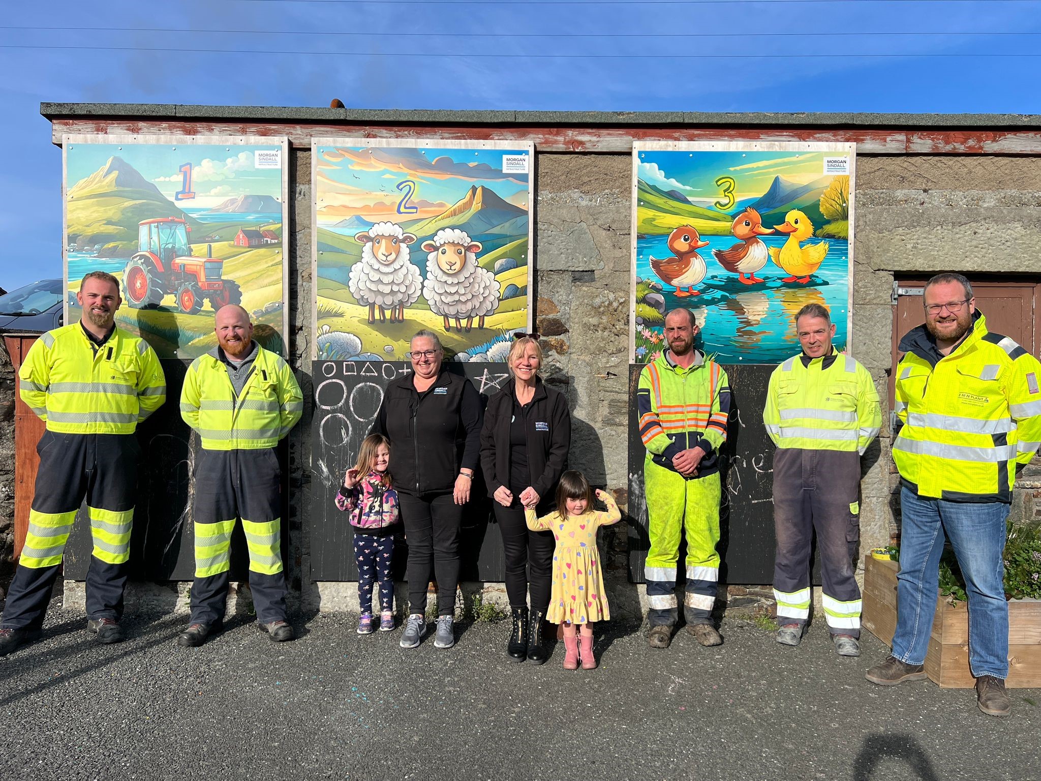 SSEN Transmission Volunteers next to the newly installed outdoor chalkboards at Lunnasting Primary School 